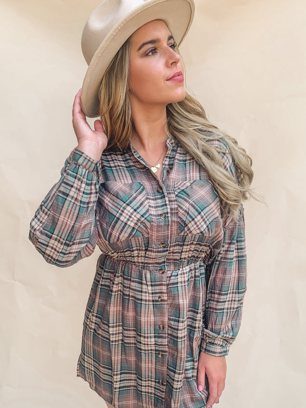 PLAID PRINT LONG-SLEEVE SHIRTDRESS
