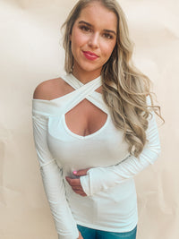 CREAM RIB KNIT CROSS NECK BANDED TOP