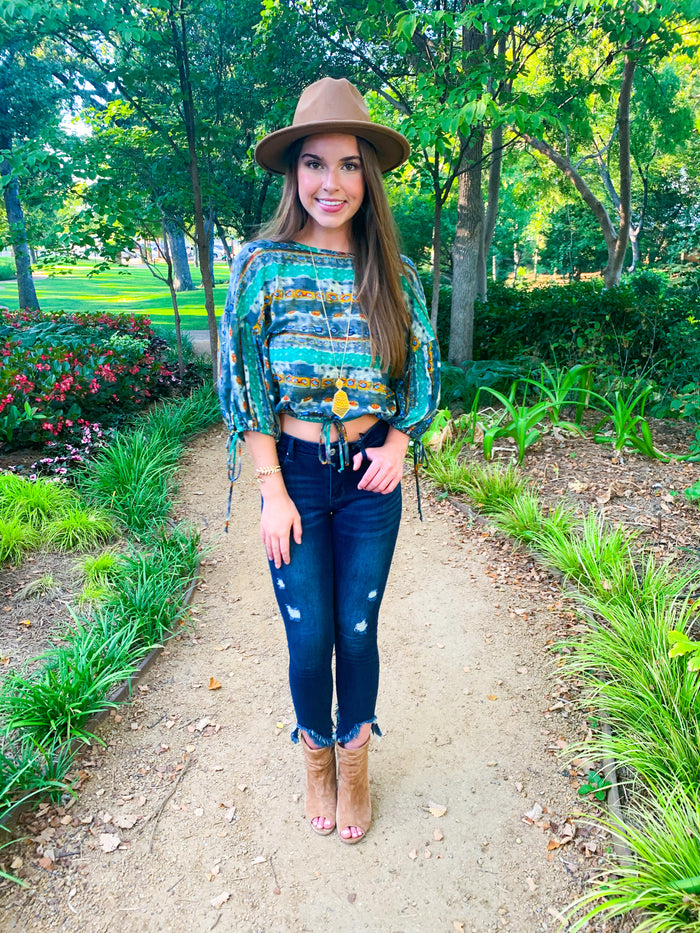 Multi print bishop sleeve crop top