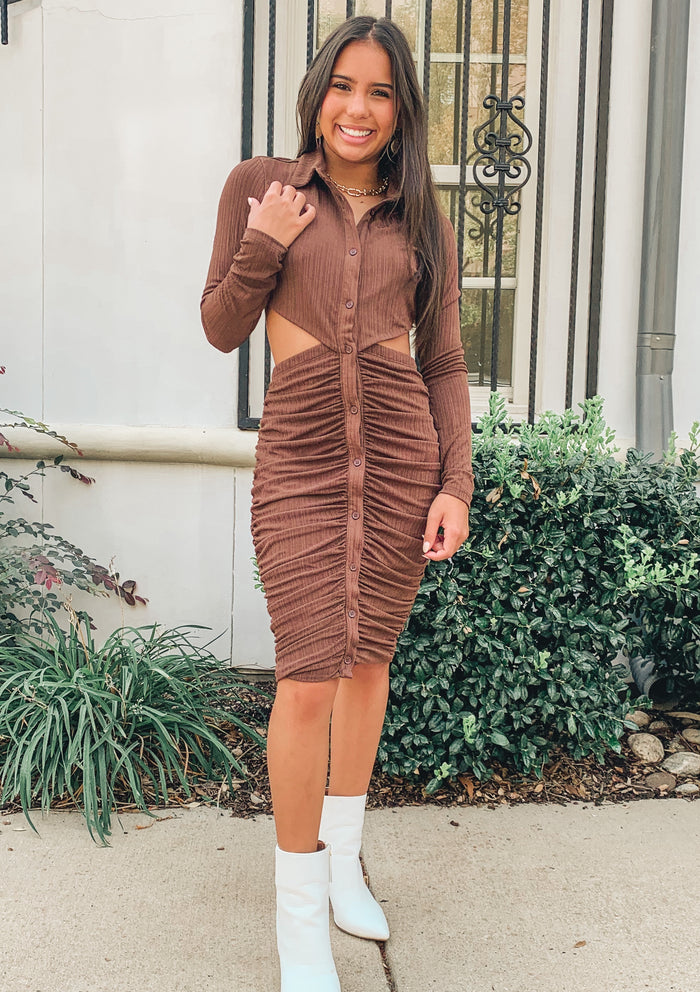 BROWN BUTTON-UP SLINKY DRESS