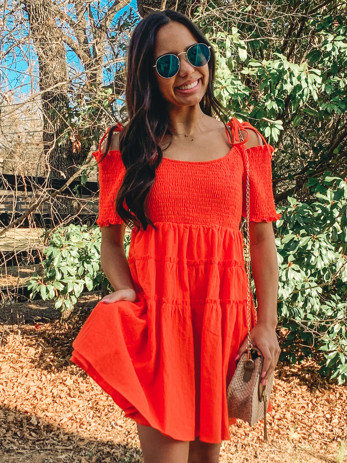 Orange smocked detail tiered mini dress