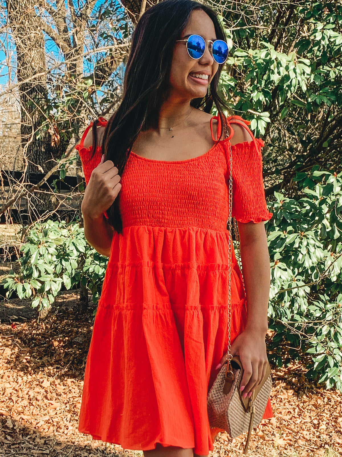 Orange smocked detail tiered mini dress