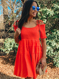 Orange smocked detail tiered mini dress