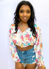 Long Sleeve Floral Print V Neck Crop Top