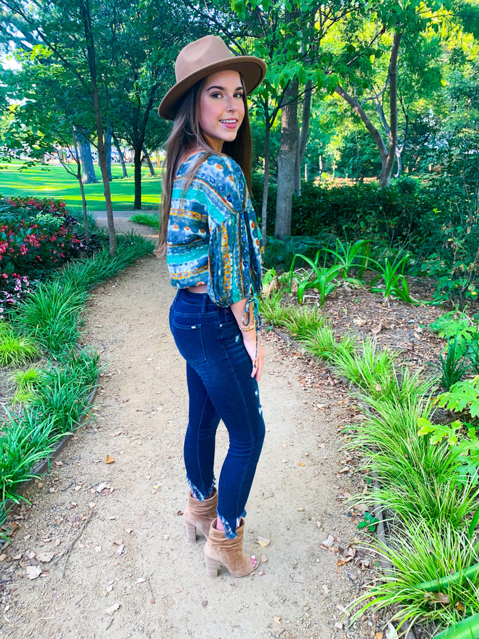 Multi print bishop sleeve crop top