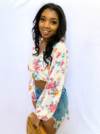 Long Sleeve Floral Print V Neck Crop Top
