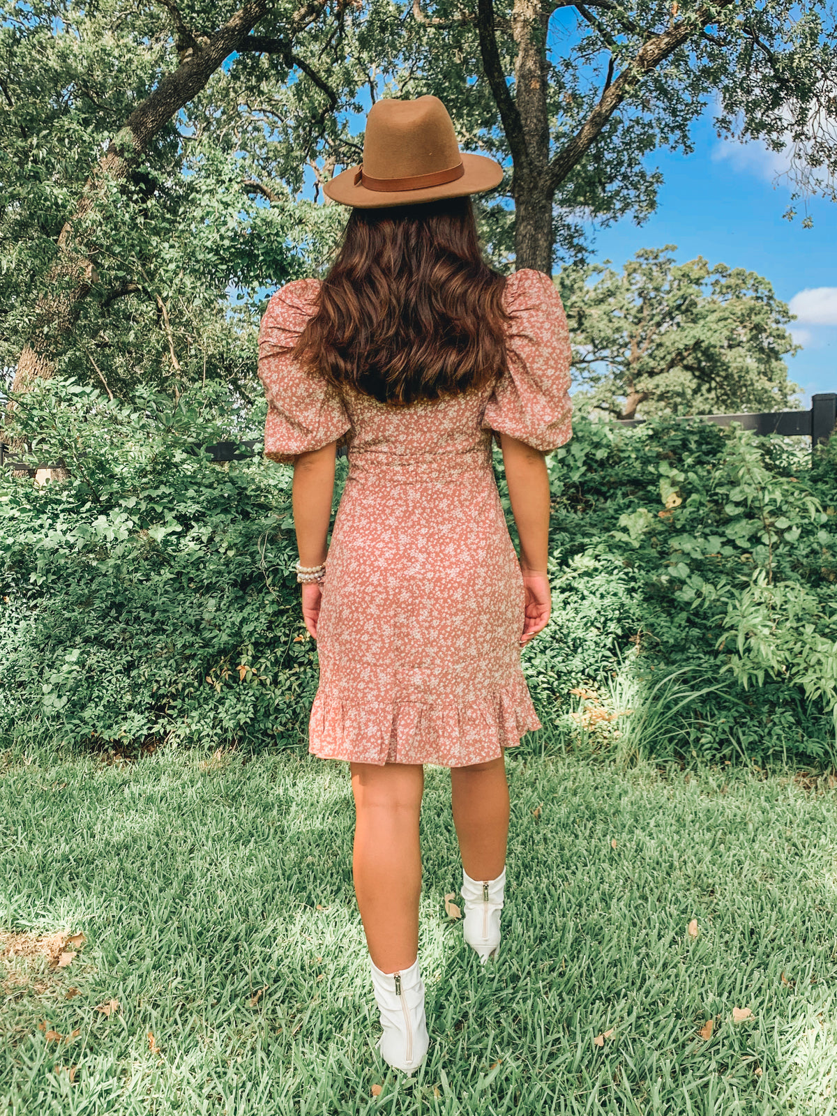 Mauve Puff Sleeve Floral Dress