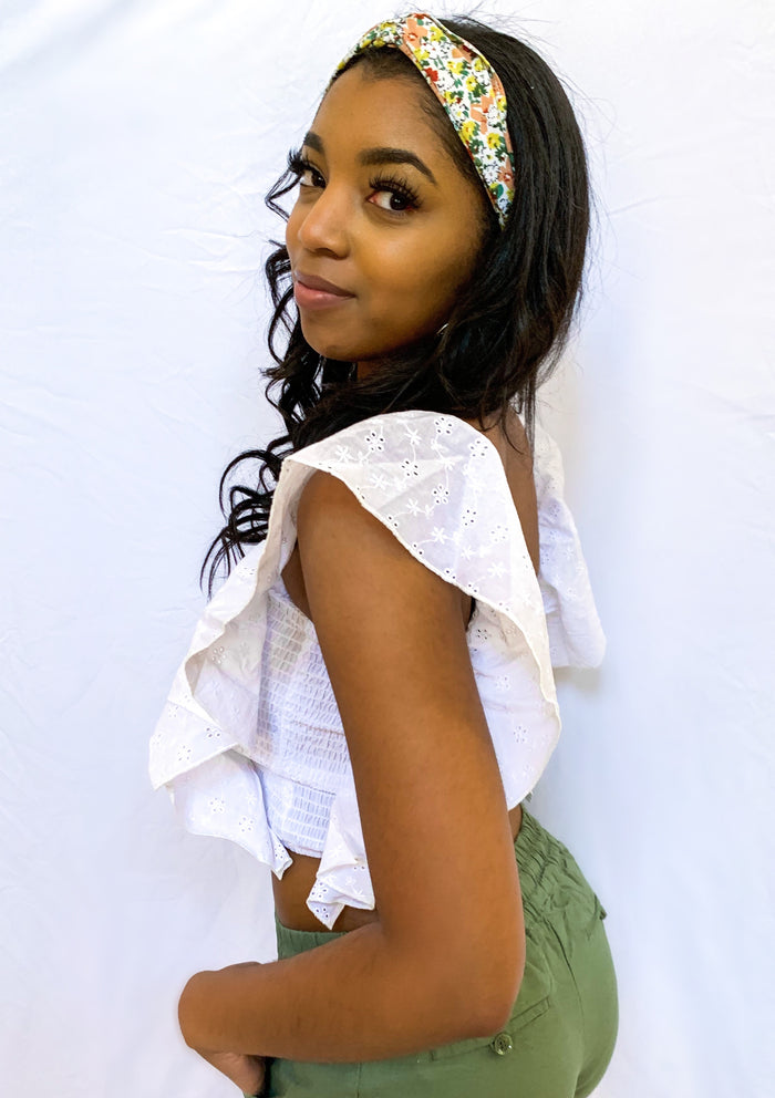 WHITE SMOCKED EYELET RUFFLE SLEEVE CROP TOP