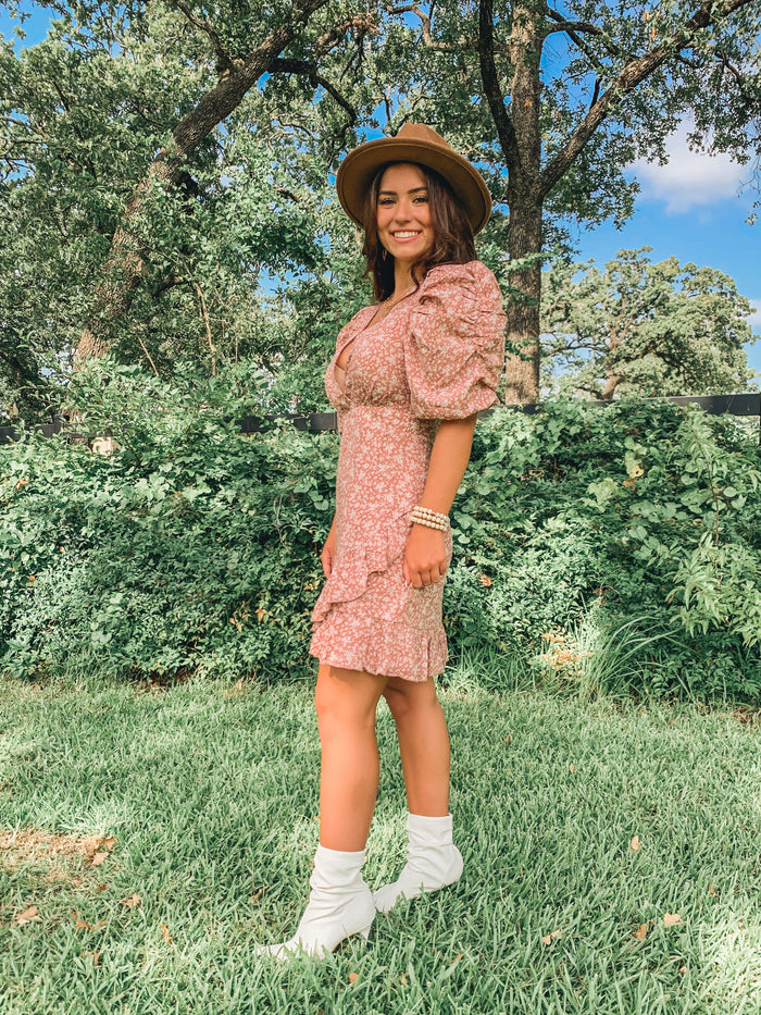 Mauve Puff Sleeve Floral Dress