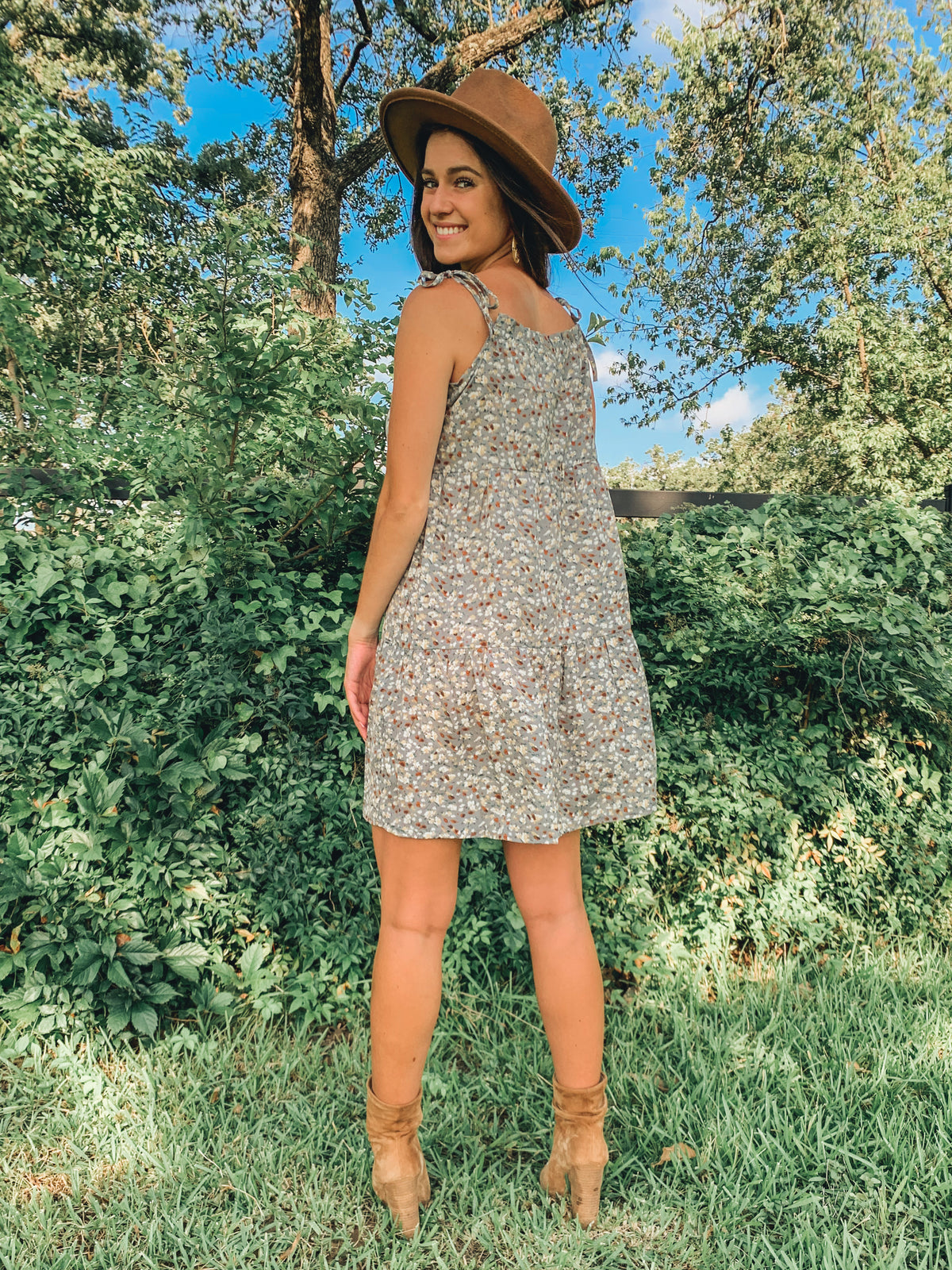 Sage Floral Print Tie Shoulder Short Dress