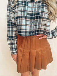 BROWN HIGH RISE LEATHER PLEATED MINI SKIRT
