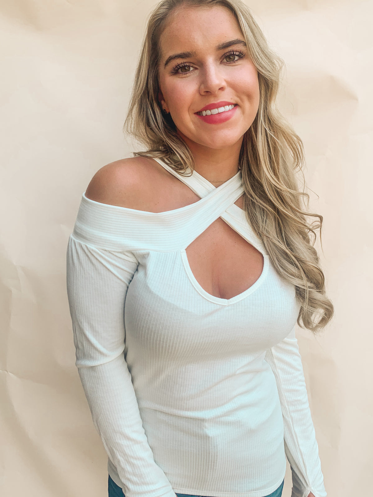 CREAM RIB KNIT CROSS NECK BANDED TOP