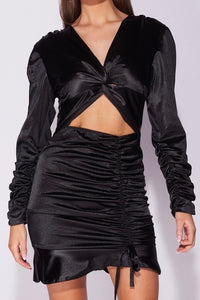 Black Stretch Satin Ruching Detail Cut Out Mini Dress