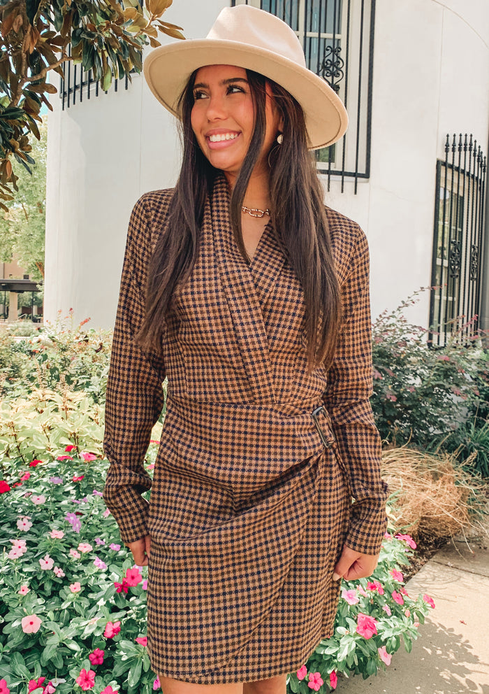 BROWN PLAID WRAP DRESS