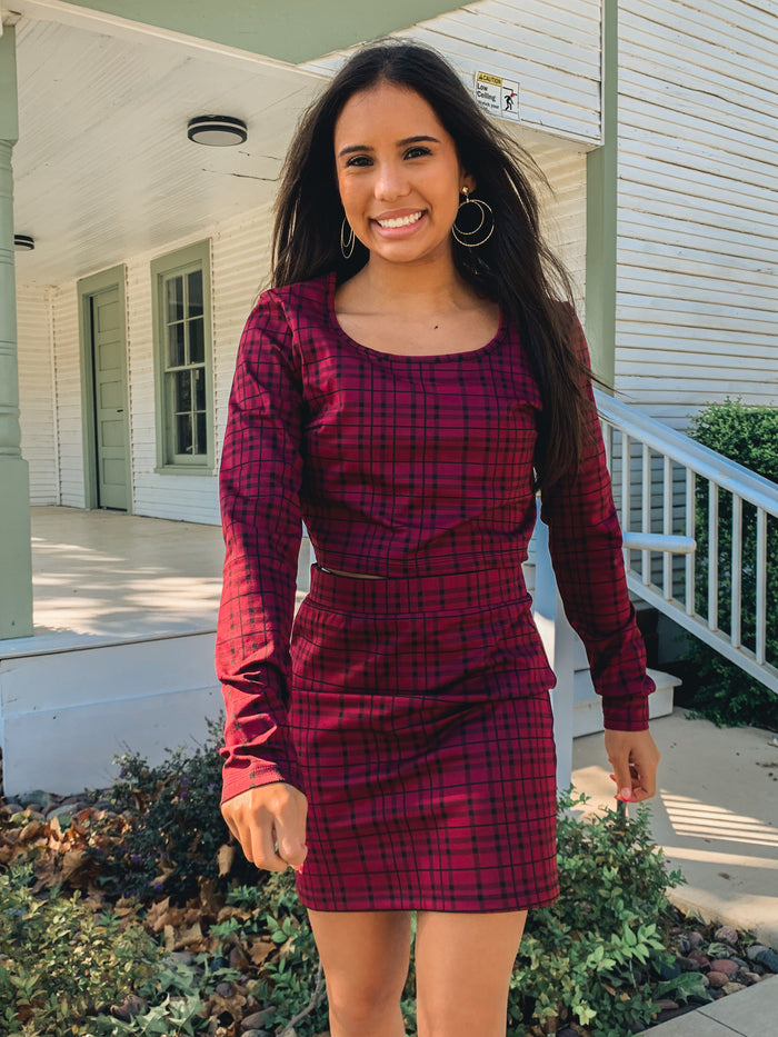 Wine Plaid Skirt Set