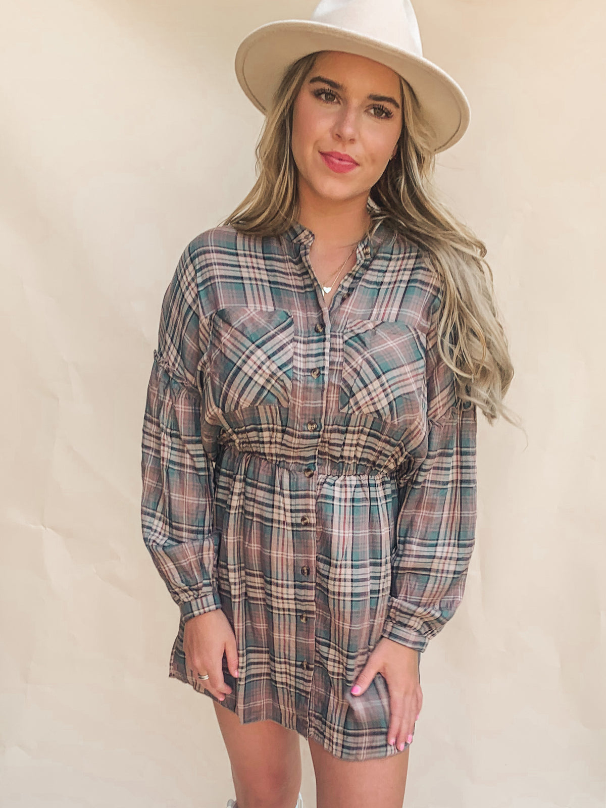 PLAID PRINT LONG-SLEEVE SHIRTDRESS