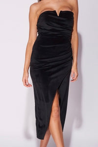 Black Ruched Bandeau Wrap Detail Split Midi Dress