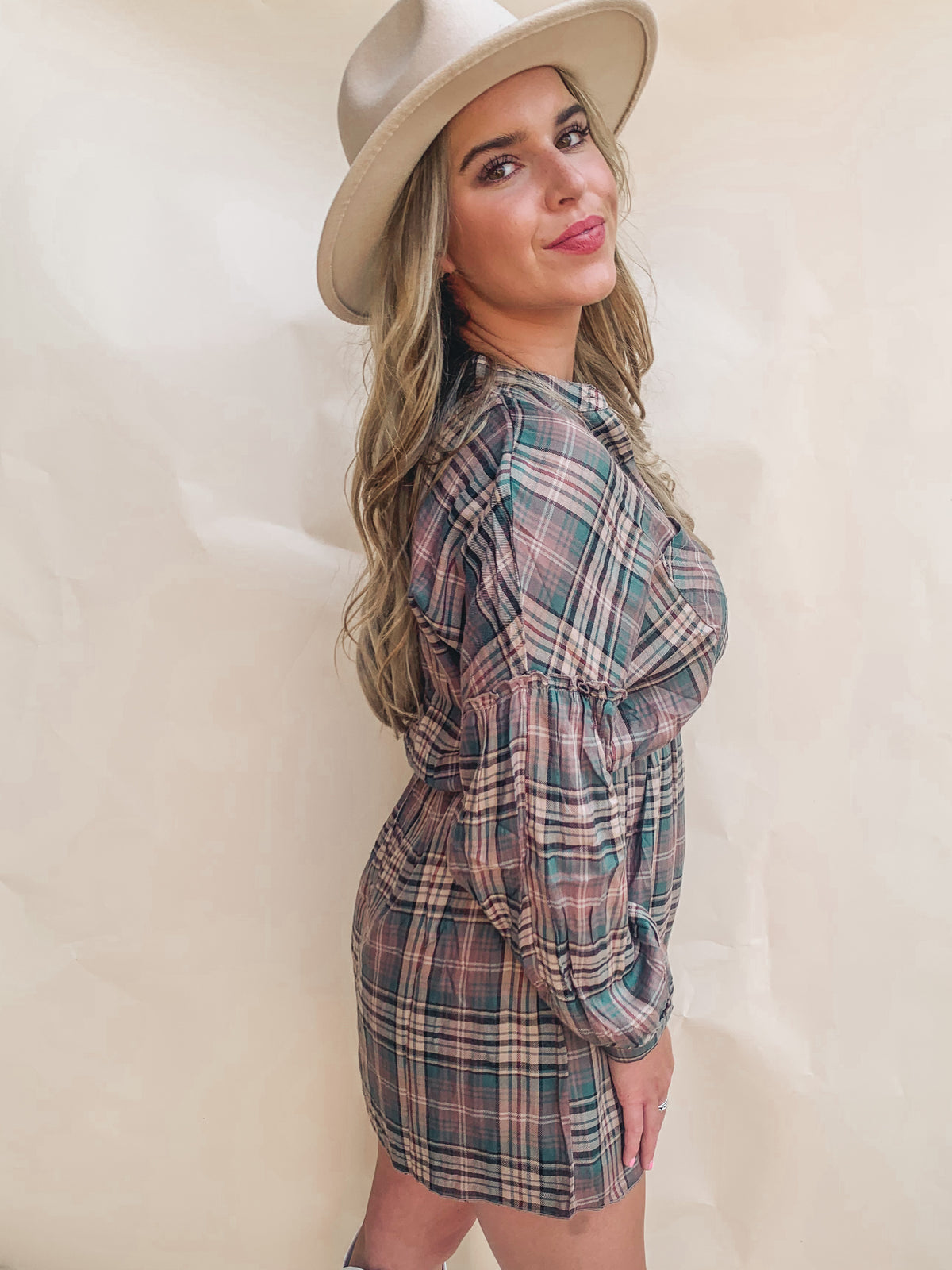 PLAID PRINT LONG-SLEEVE SHIRTDRESS