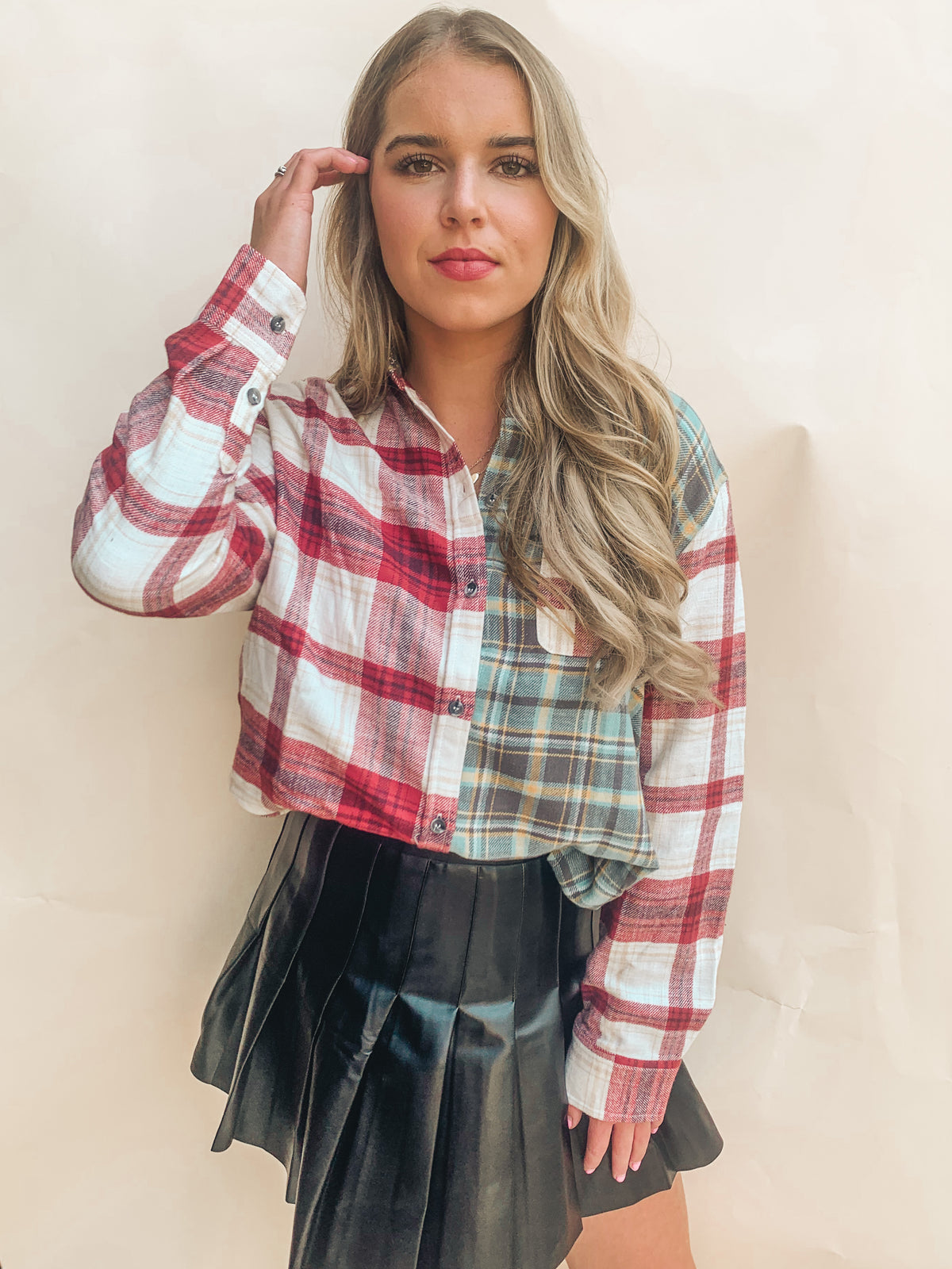 Oversized Plaid Button Front Top