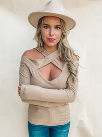 MOCHA RIB KNIT CROSS NECK BANDED TOP