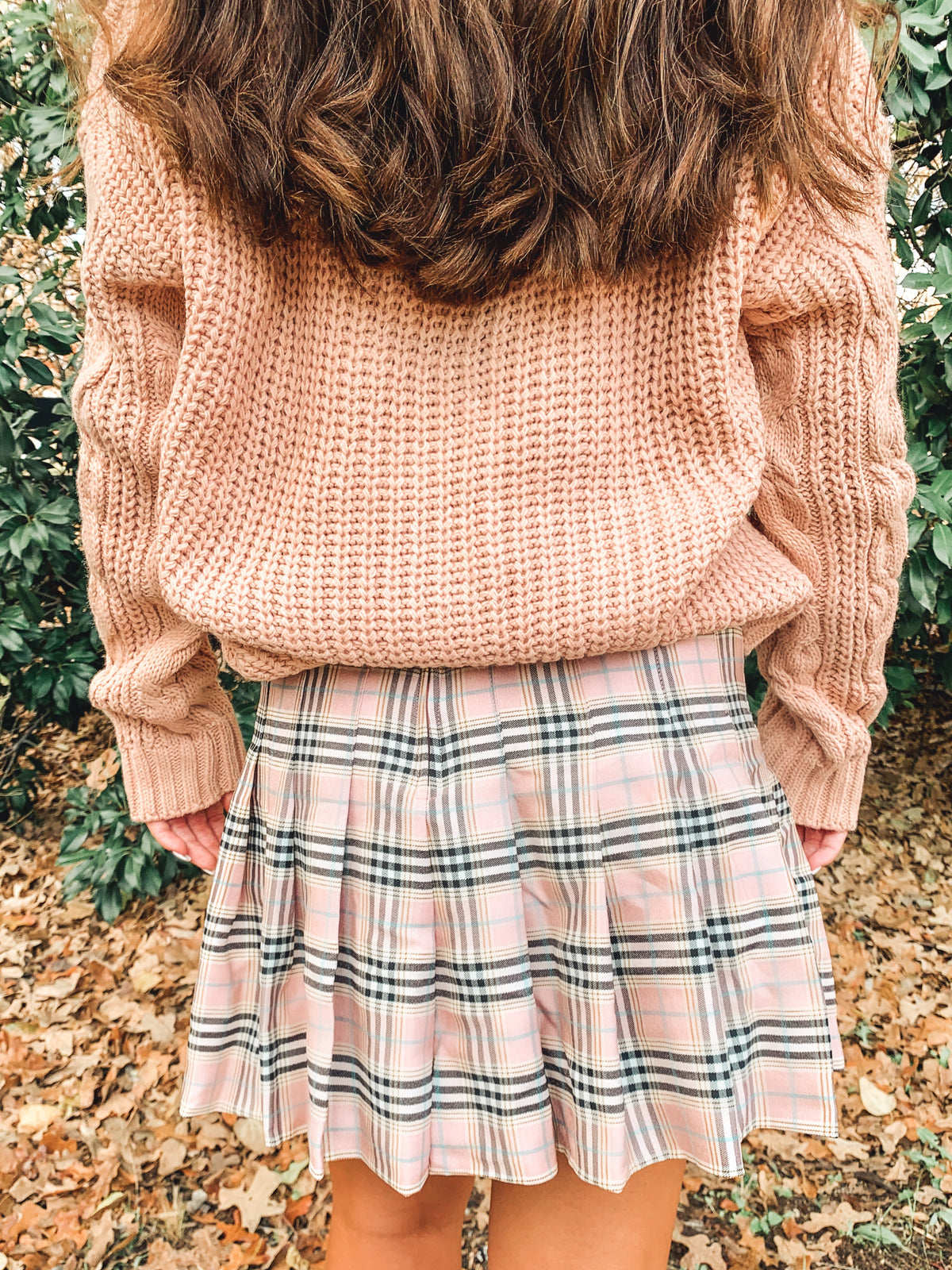 Mauve Plaid Print Pleated Skirt