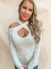 CREAM RIB KNIT CROSS NECK BANDED TOP