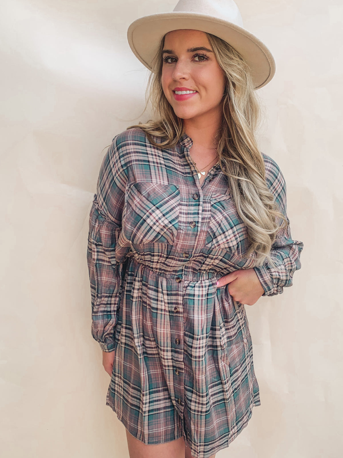 PLAID PRINT LONG-SLEEVE SHIRTDRESS