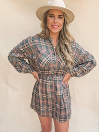PLAID PRINT LONG-SLEEVE SHIRTDRESS