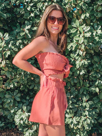 SALMON SMOCKING TOP & SHORTS SET