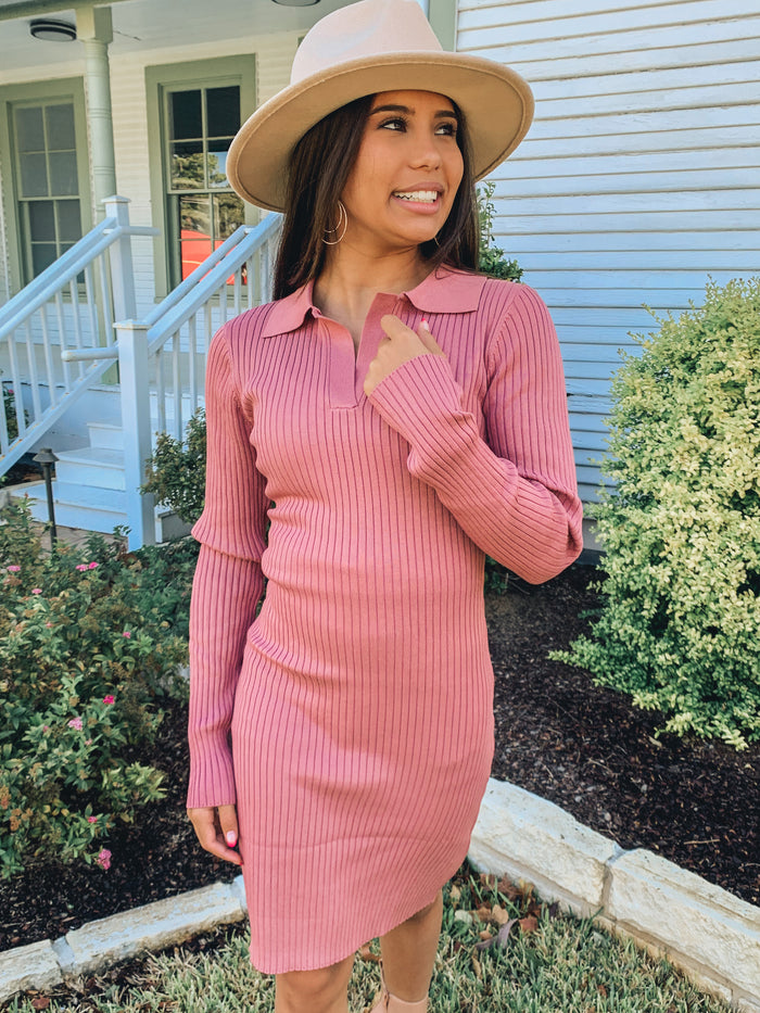Mauve Collared Ribbed Dress
