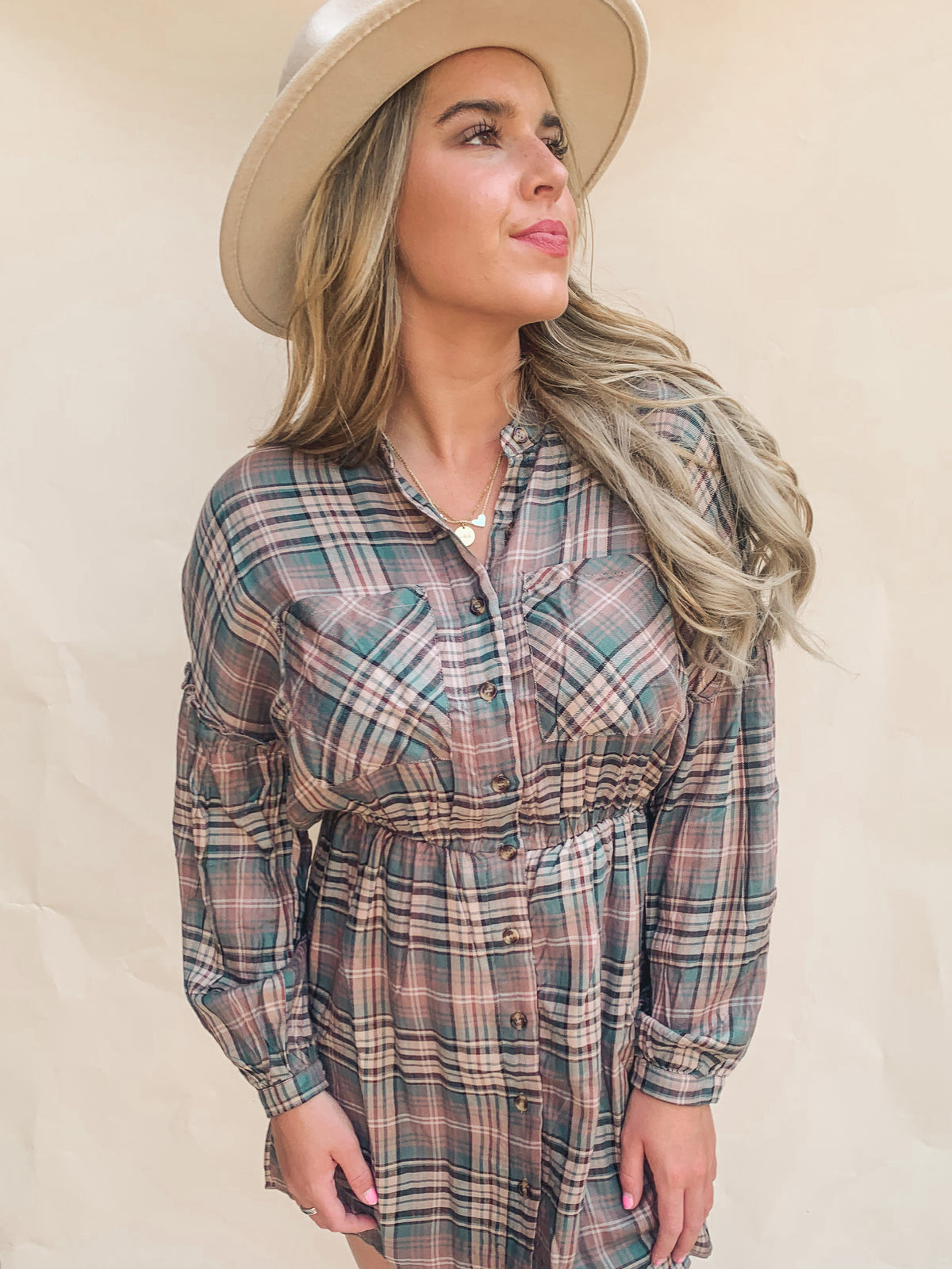 PLAID PRINT LONG-SLEEVE SHIRTDRESS