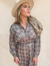PLAID PRINT LONG-SLEEVE SHIRTDRESS