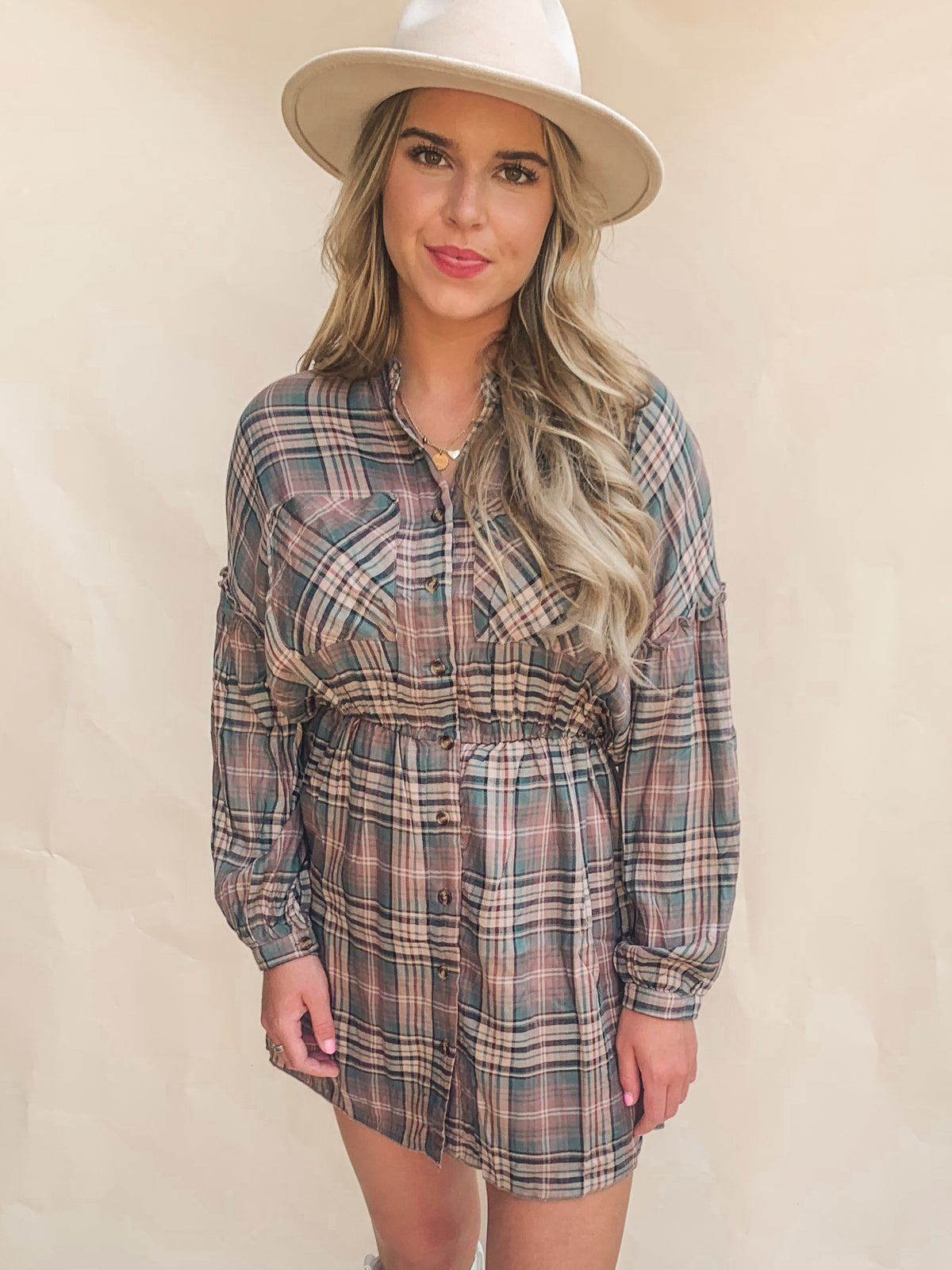 PLAID PRINT LONG-SLEEVE SHIRTDRESS