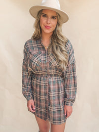 PLAID PRINT LONG-SLEEVE SHIRTDRESS