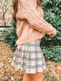 Mauve Plaid Print Pleated Skirt