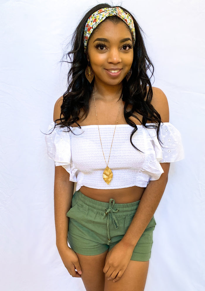 WHITE SMOCKED EYELET RUFFLE SLEEVE CROP TOP