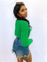 GREEN DRAWSTRING DETAIL SWEATER CROP TOP