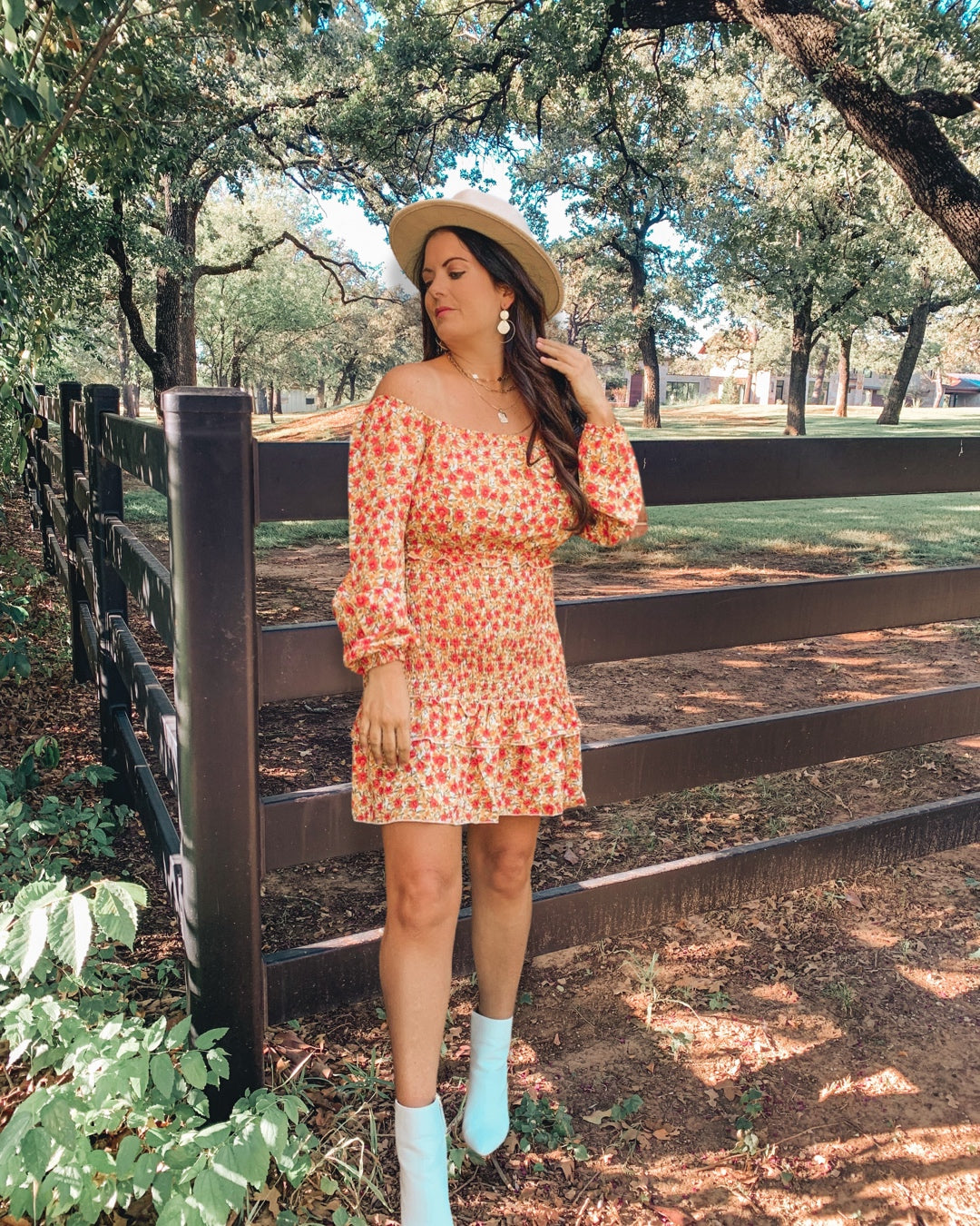 Off Shoulder Floral Print High Waisted Smocked Ruffle Dress