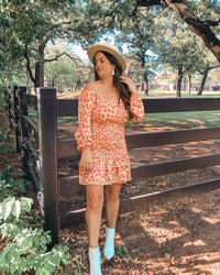 Off Shoulder Floral Print High Waisted Smocked Ruffle Dress