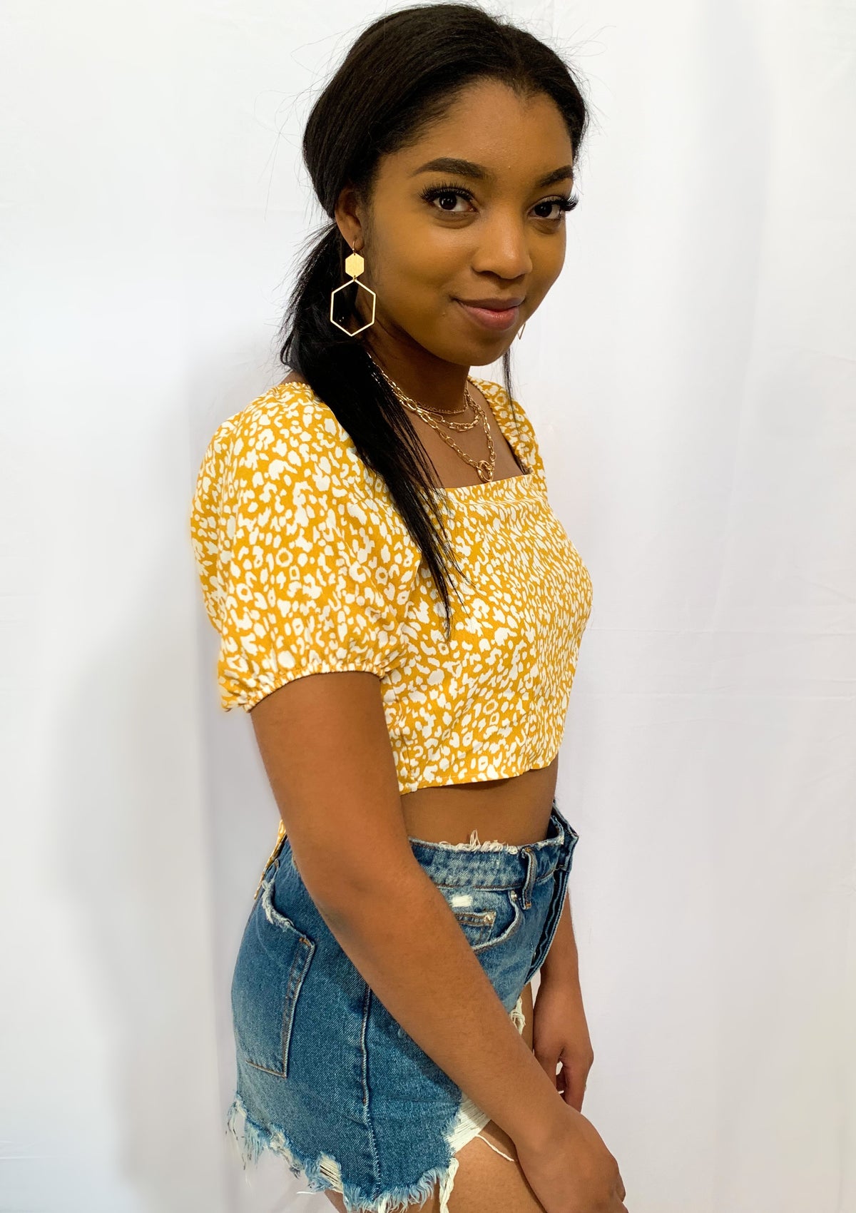 Reversible Yellow Square Neck Printed Back Tie Top