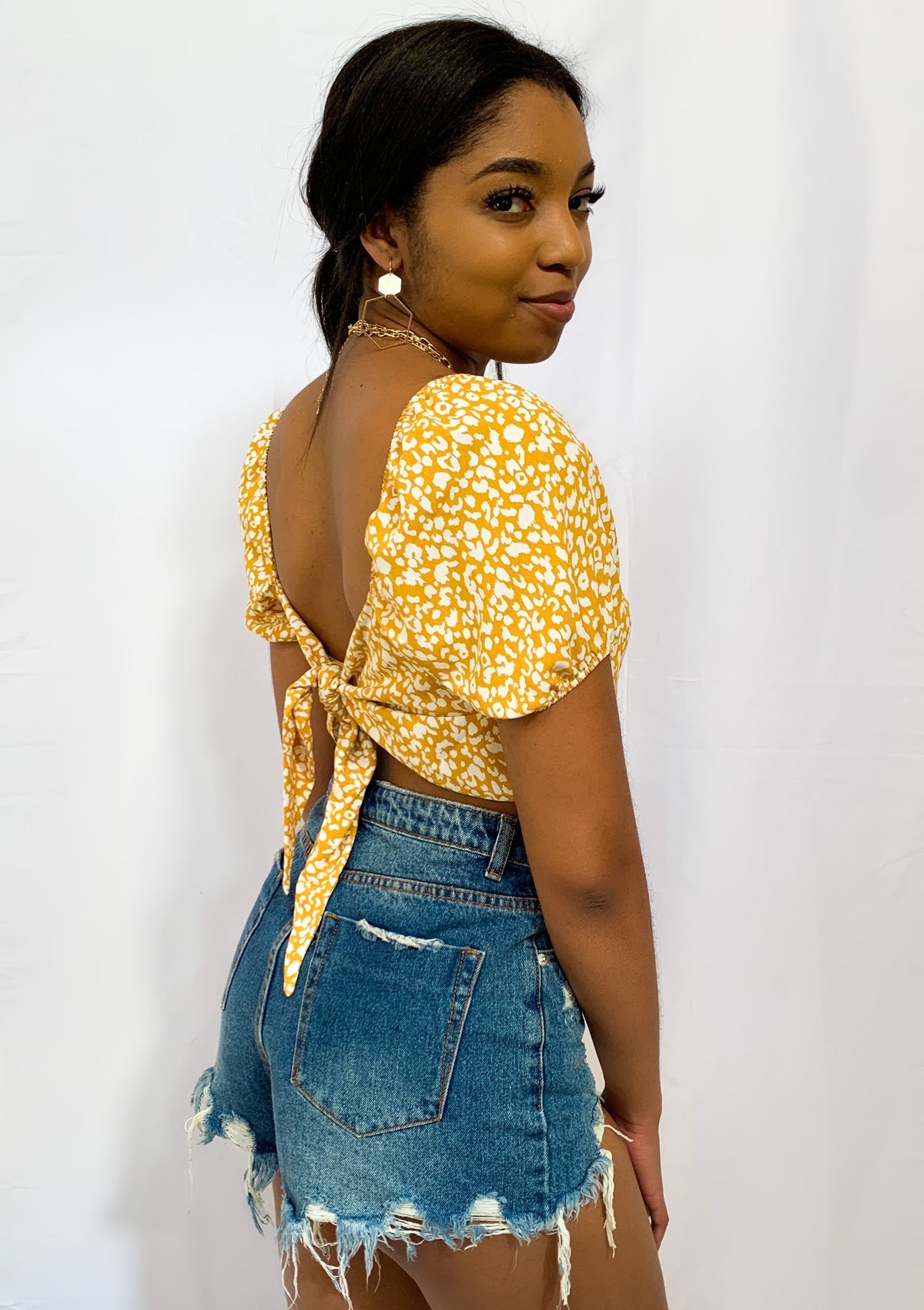 Reversible Yellow Square Neck Printed Back Tie Top