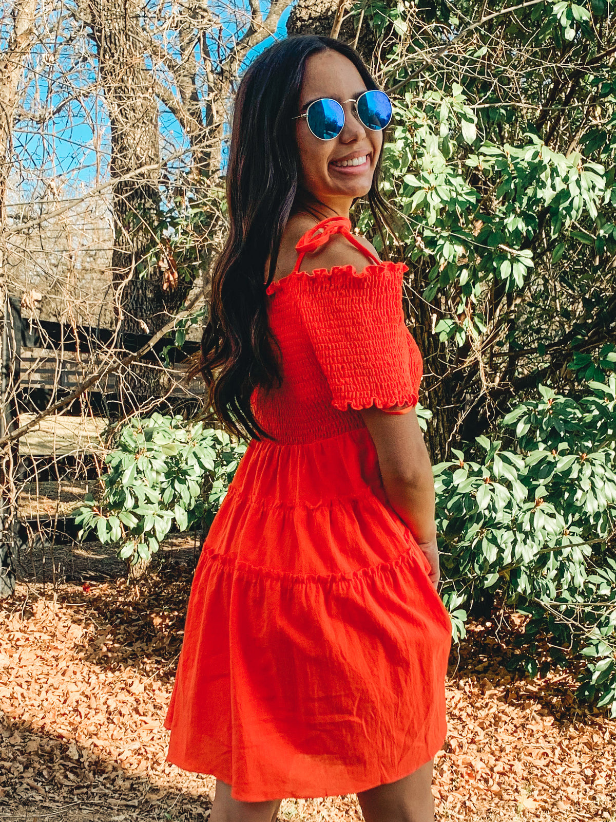 Orange smocked detail tiered mini dress