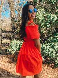 Orange smocked detail tiered mini dress