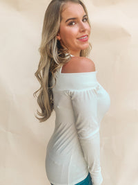 CREAM RIB KNIT CROSS NECK BANDED TOP