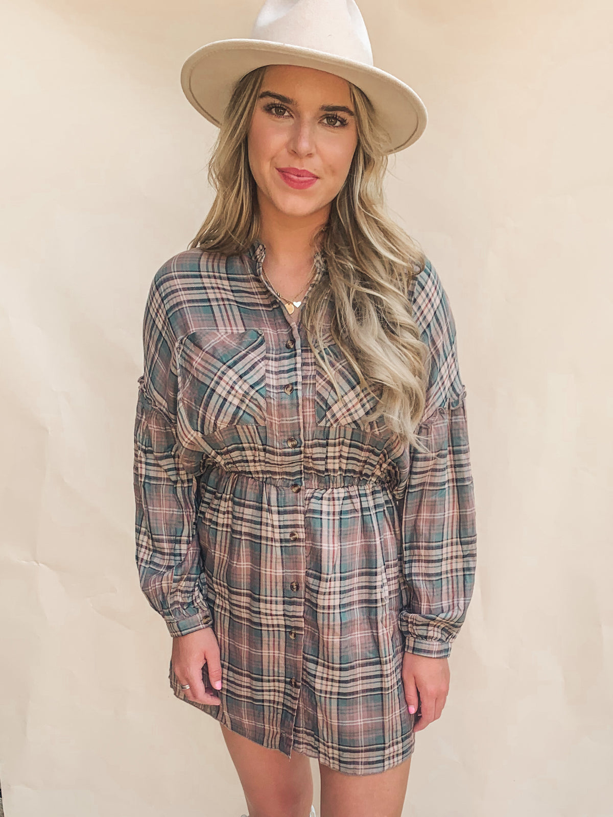 PLAID PRINT LONG-SLEEVE SHIRTDRESS