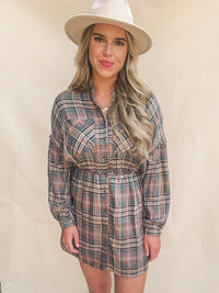 PLAID PRINT LONG-SLEEVE SHIRTDRESS