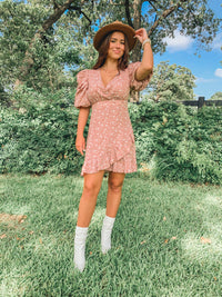 Mauve Puff Sleeve Floral Dress