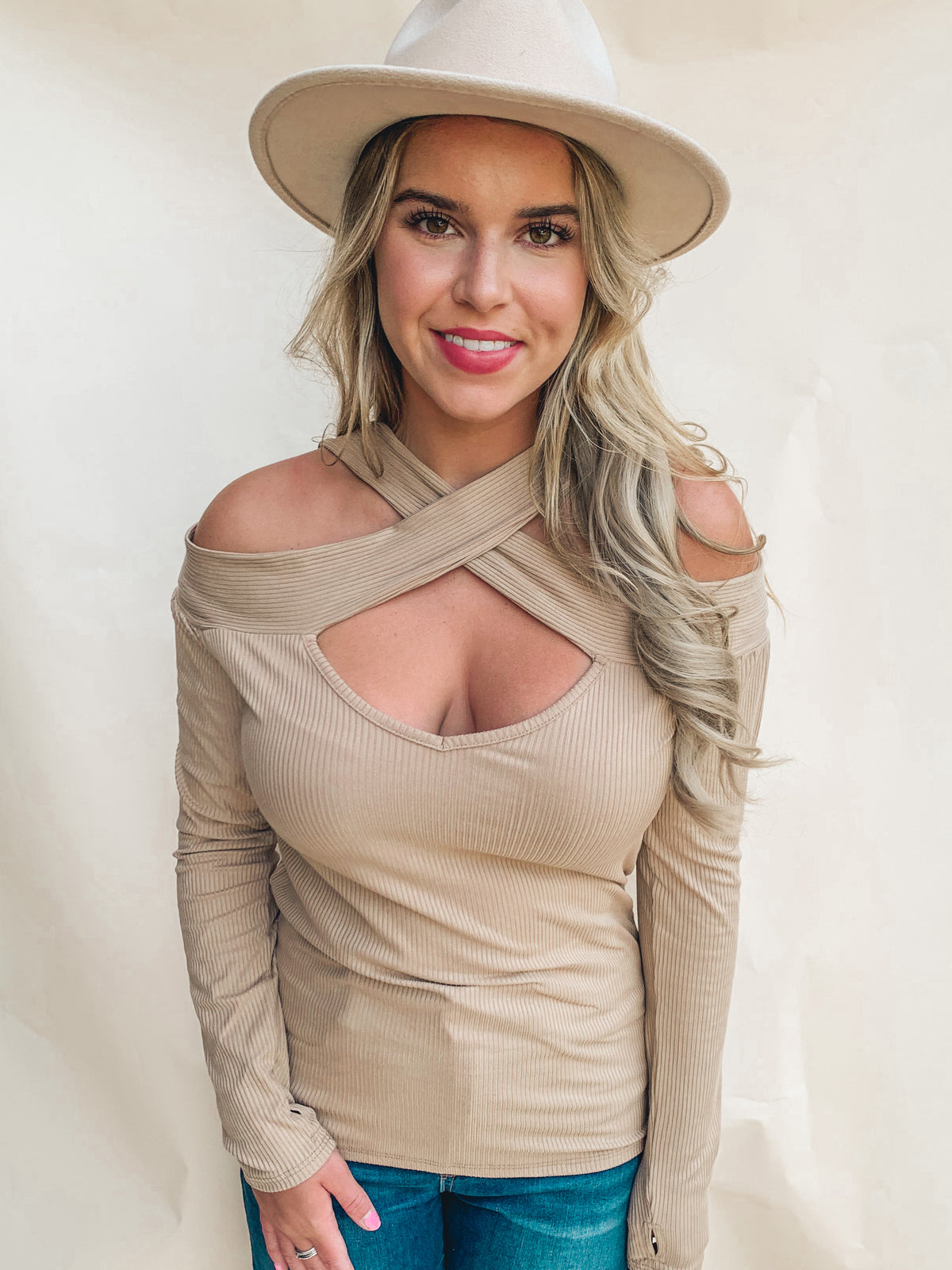 MOCHA RIB KNIT CROSS NECK BANDED TOP