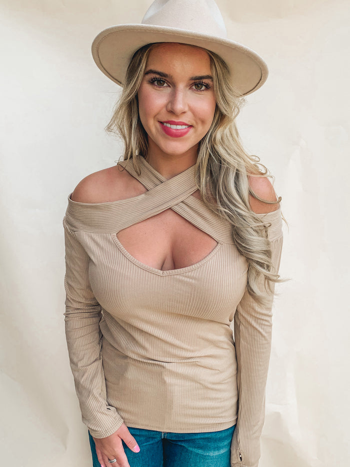 MOCHA RIB KNIT CROSS NECK BANDED TOP