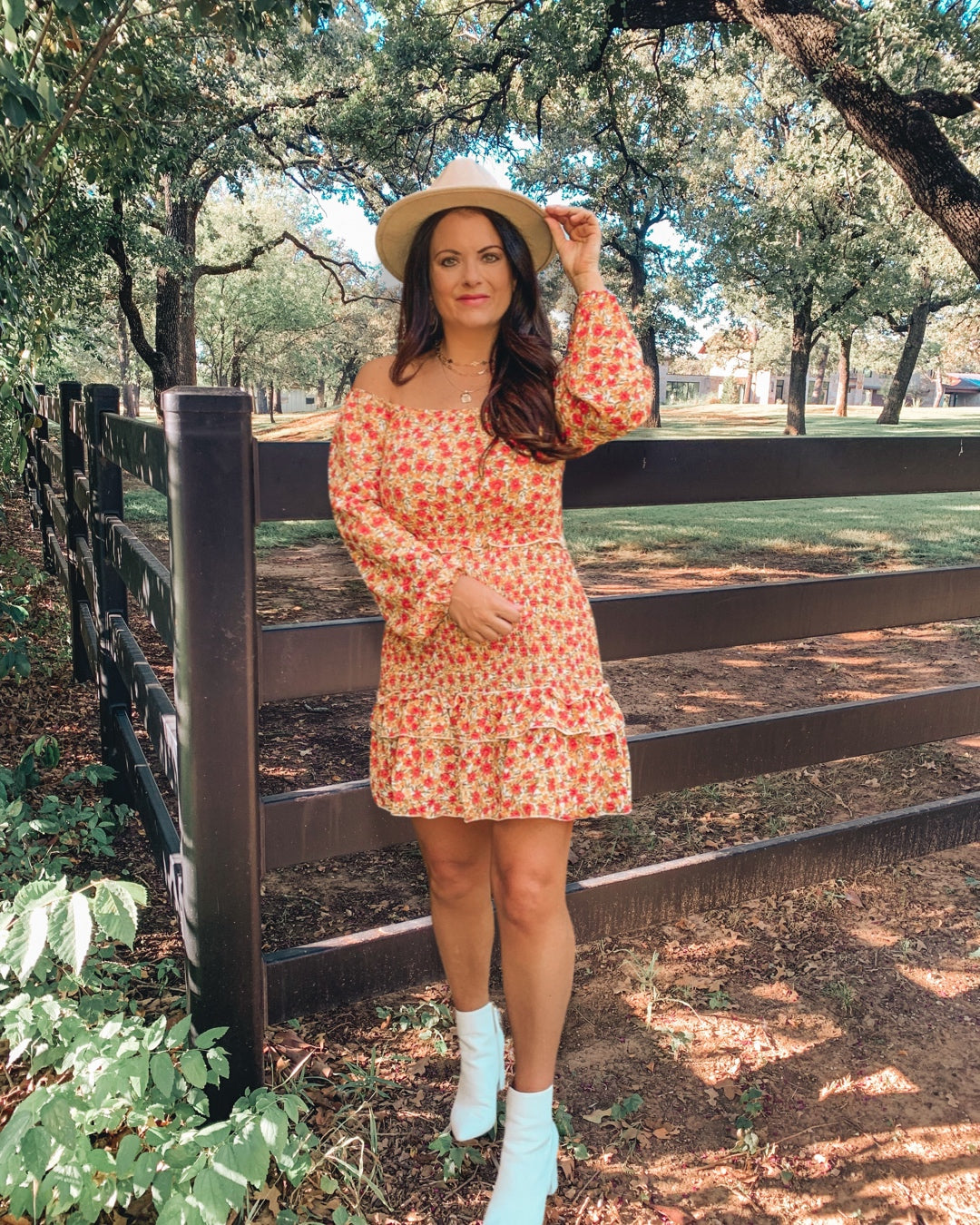 Off Shoulder Floral Print High Waisted Smocked Ruffle Dress